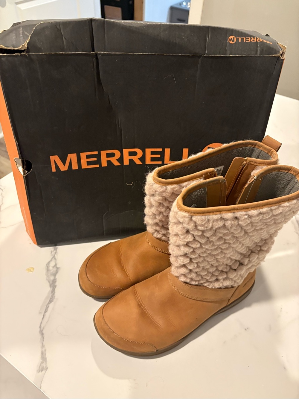 Merrell Kassie tall wool Tan Leather Boots with Cream Knit Shaft